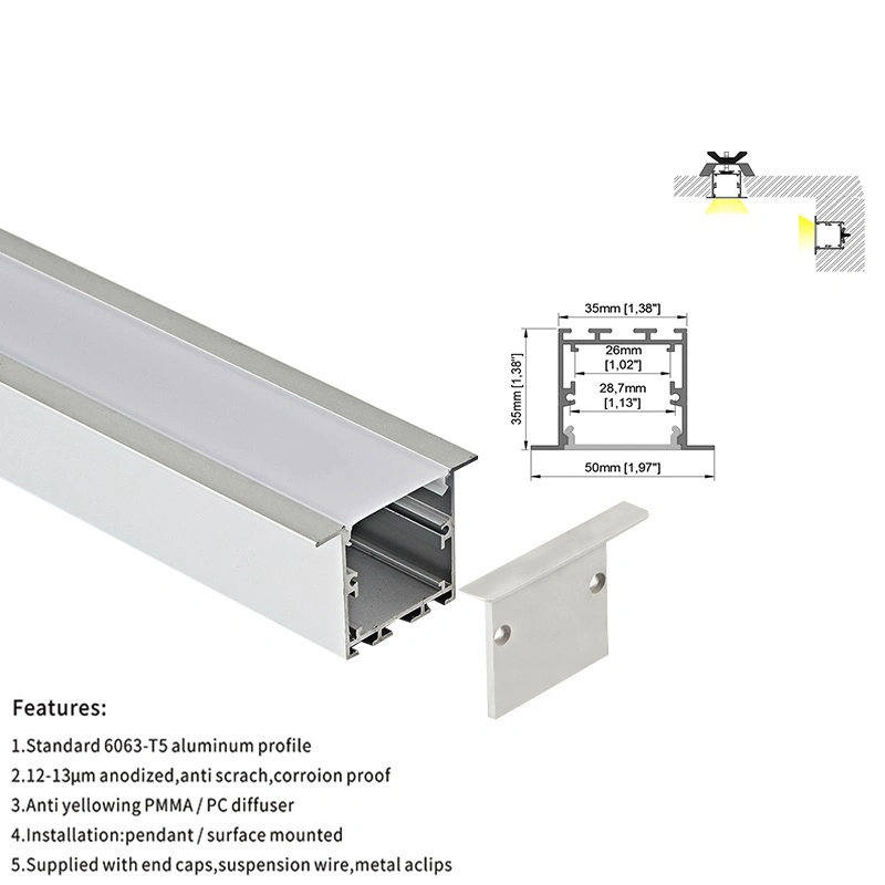 35*35mm Square U Shape Recessed Mounted Trim LED Extrusion Aluminum Profiles