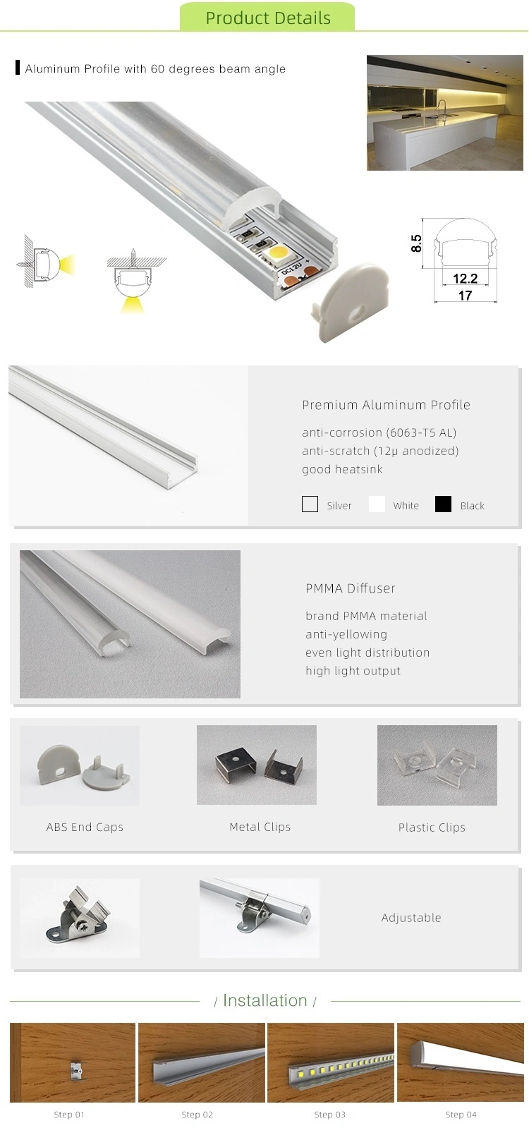 Lightweight Alloy 6063 T5 LED Aluminum Light Housing Surface Mounted LED Profile Light with Lens