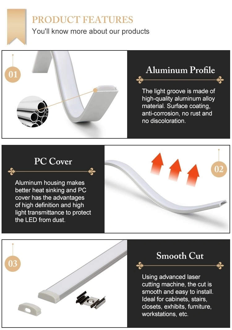 2m Bendable Surface Mounted Aluminium Profile for Strips, Frosted Diffuser, for Max 12mm Width Strip