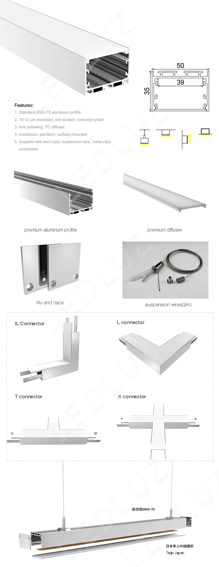 LED Linear Light Suspending Aluminium LED Profile Heat Sink Extrusion Channel Aluminium Profile for LED Strip