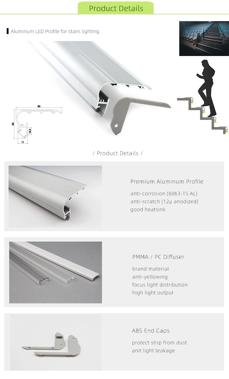 LED Profile Step Extrusion, Stair Nosing (downlight) for LED Strip - Aluminium LED Channel C/W Clip-in Diffuser + End Caps