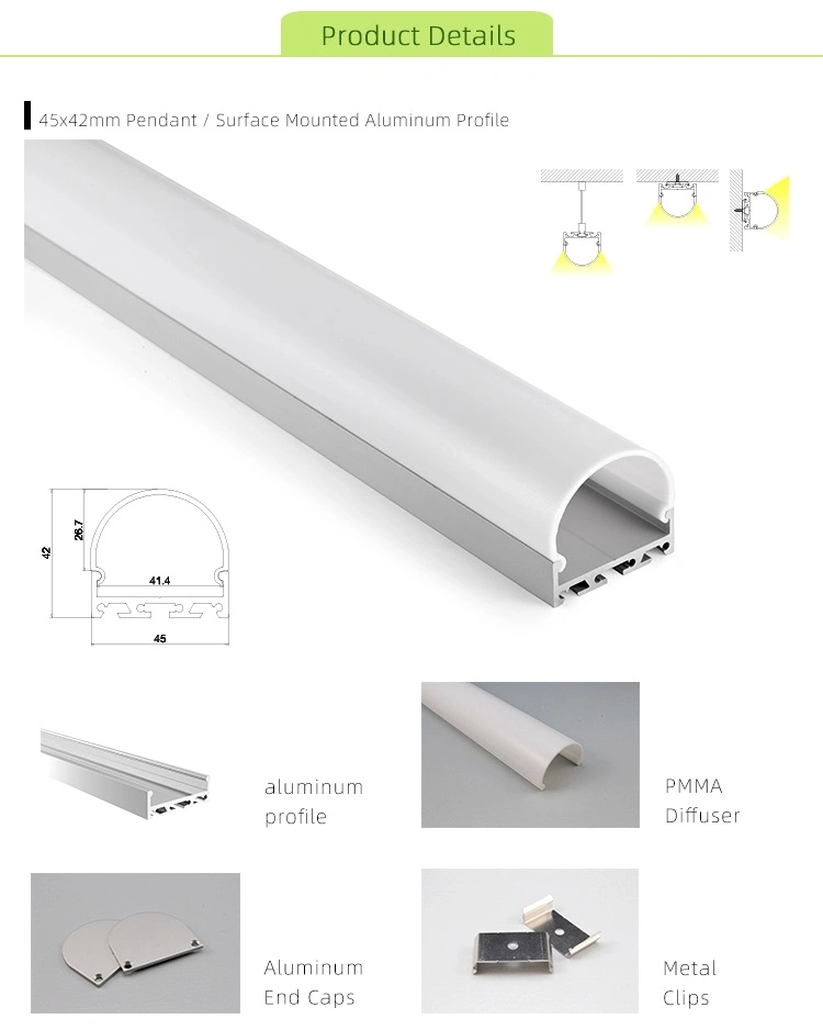 45X42mm Suspended Linear Lighting LED Strip Aluminum Profile with 27mm Dropped Lens