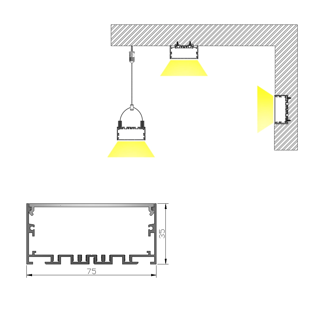 75X35mm New Design Heat Radiation Aluminum Extrusion Channel for LED Office Hoisting Light