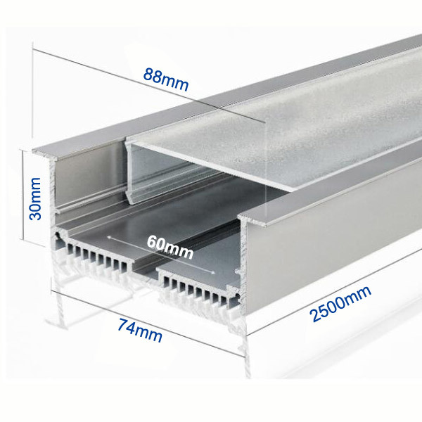 88mmx30mm LED Aluminium Extrusion Profile with Frosted Diffuser Installed as Recessed, 60mm Width for LED Strip