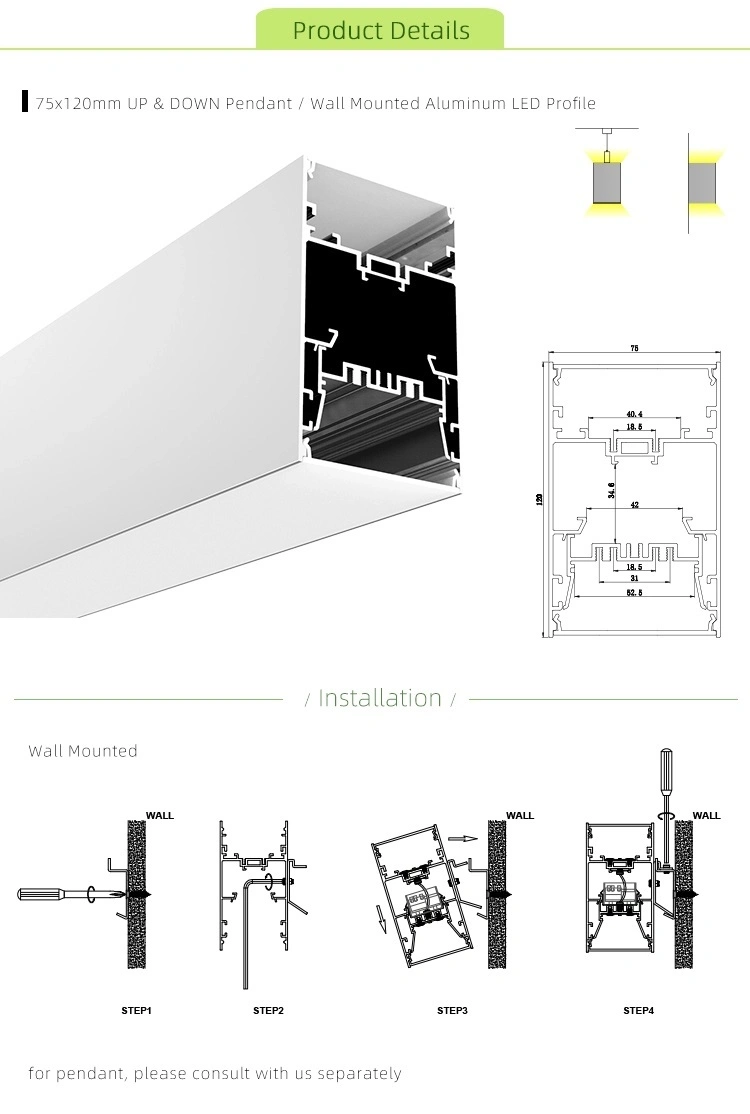 Hot Selling up and Down Aluminum LED Profile Ceiling Pendant Light Lamp