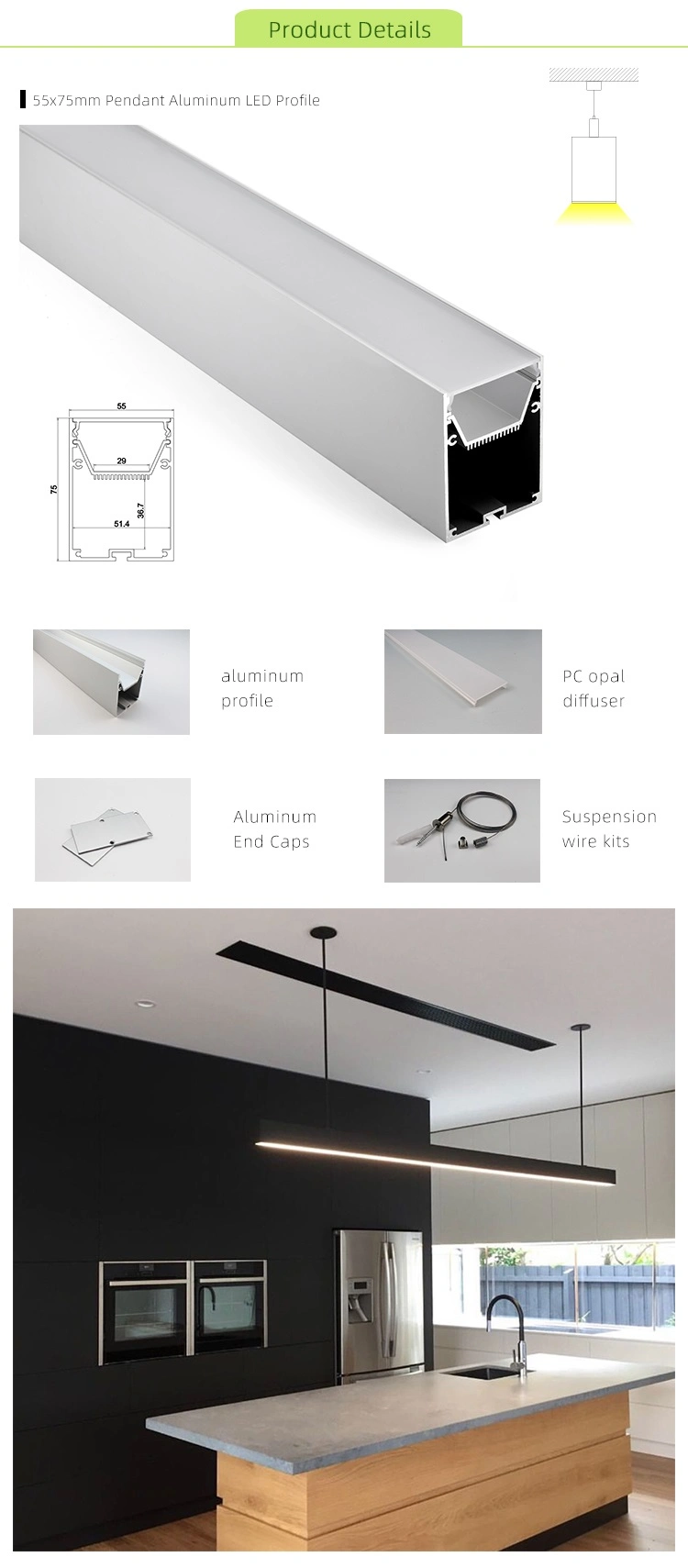 Ecoled Energy Square Silver/Black 29mm Width Suspending Office Lighting Aluminum LED Linear Light Profile