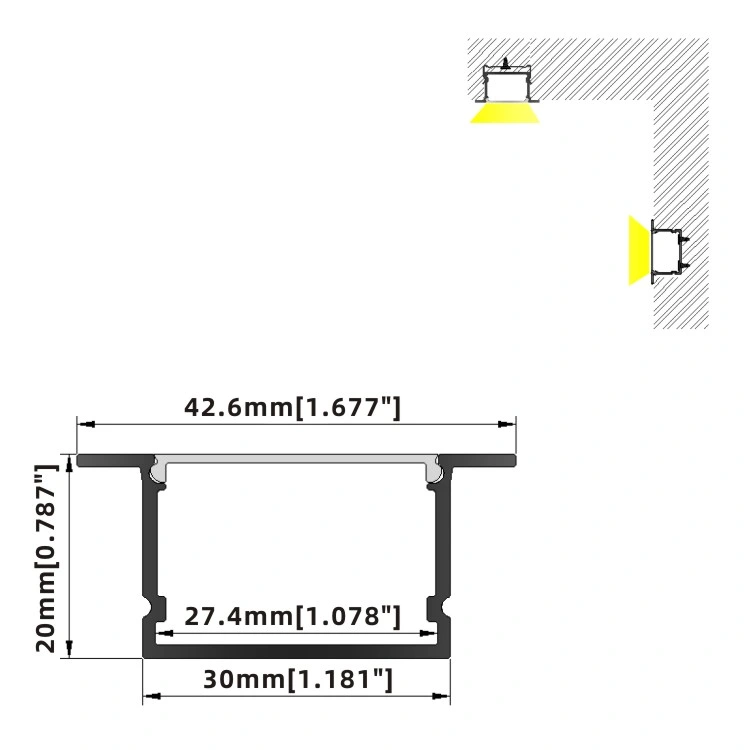 Recessed 30X20mm Aluminum Profile for Showcase Embedded Aluminum Slim Profile for LED Strip Aluminum Profile Manufacturer