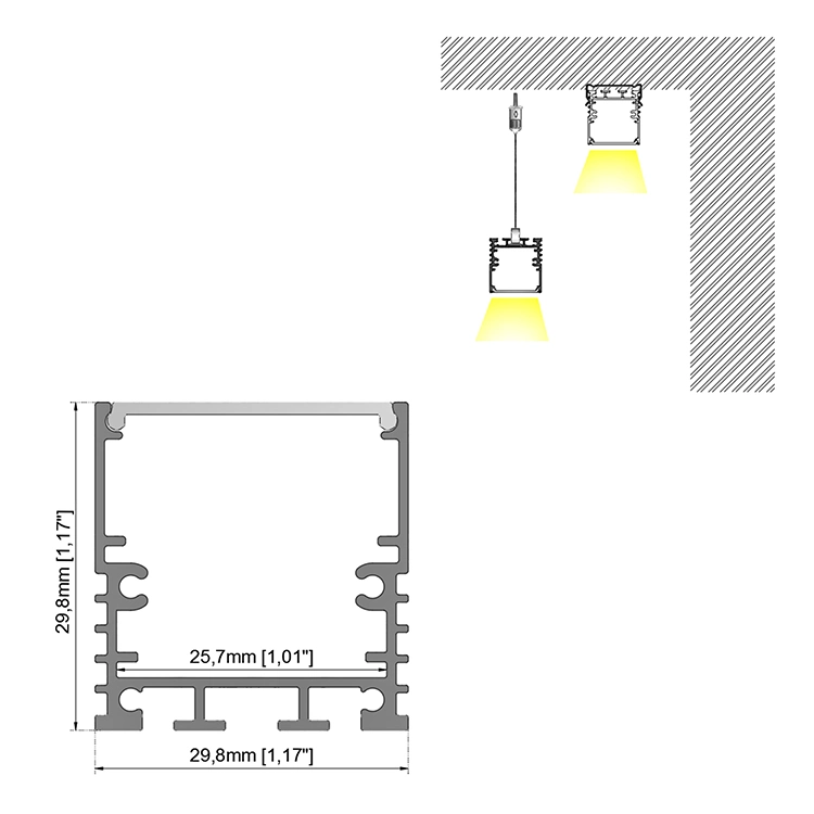 W30X H30mm Hot Sale Closet Light Ceiling Lighting Wall LED Strips Light with Aluminum LED Straight Channel Profile