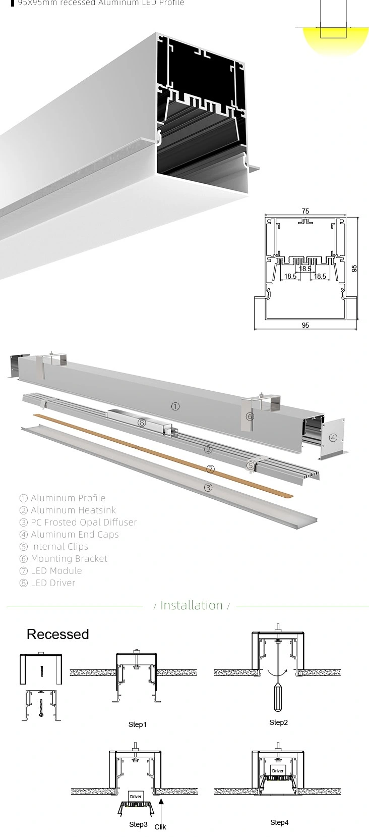 Linear Recessed LED Strip Light Aluminium Profile with 20mm Dropped Lens