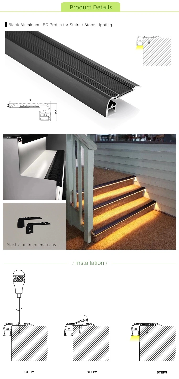 Grooved Stair Nosing Edge LED Aluminum Profiles for Walking Area Lighting