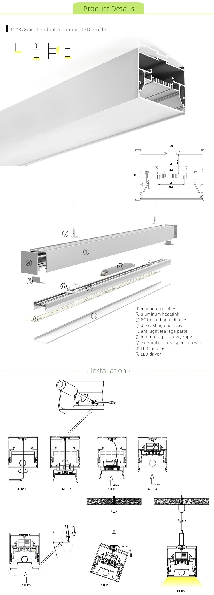 100mm Wide LED Office Linear Light Aluminum LED Profile for Ceiling Pendant Light