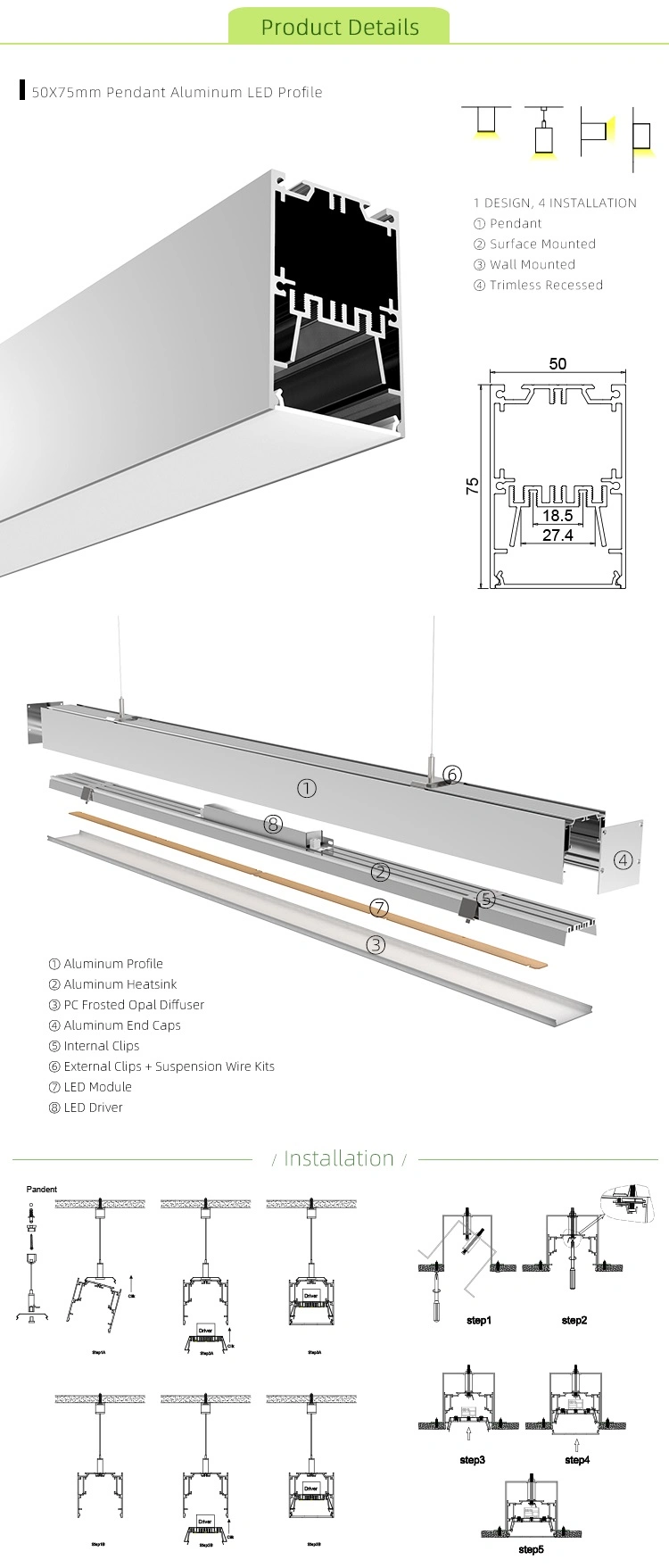 50X75mm Linear Pendant LED Module Light Aluminum LED Profiles