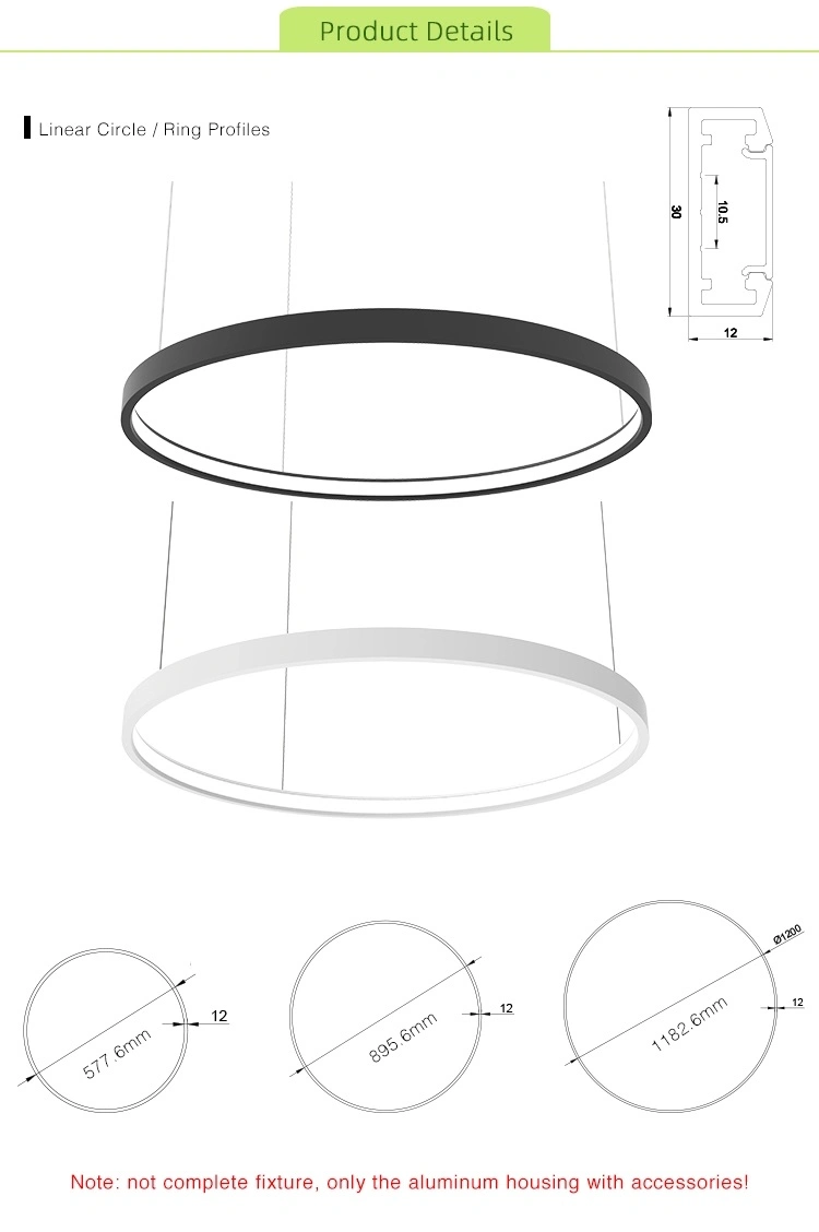 600mm 900mm 1200mm Black White Pendant Aluminium LED Profile for LED Ring Light