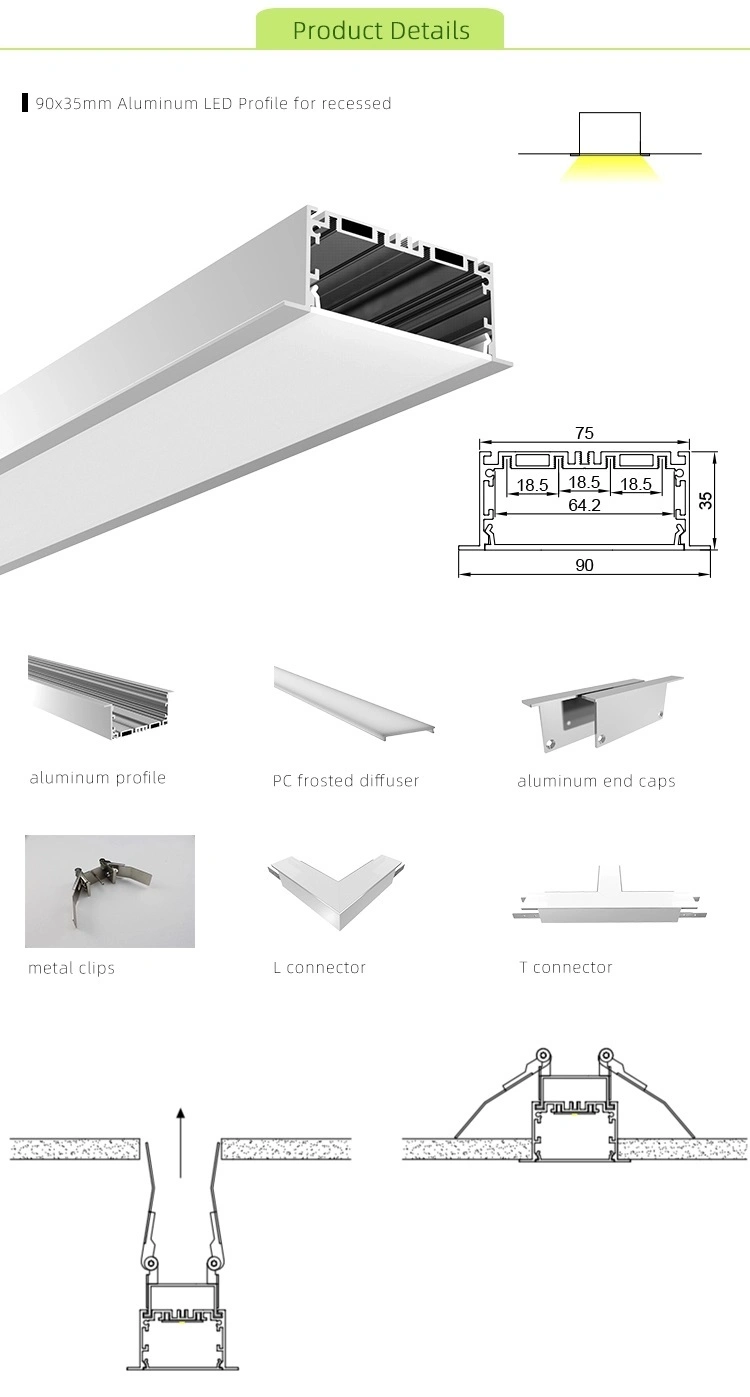 90*35mm Recessed Aluminium LED Profile for LED Module LED Linear Light