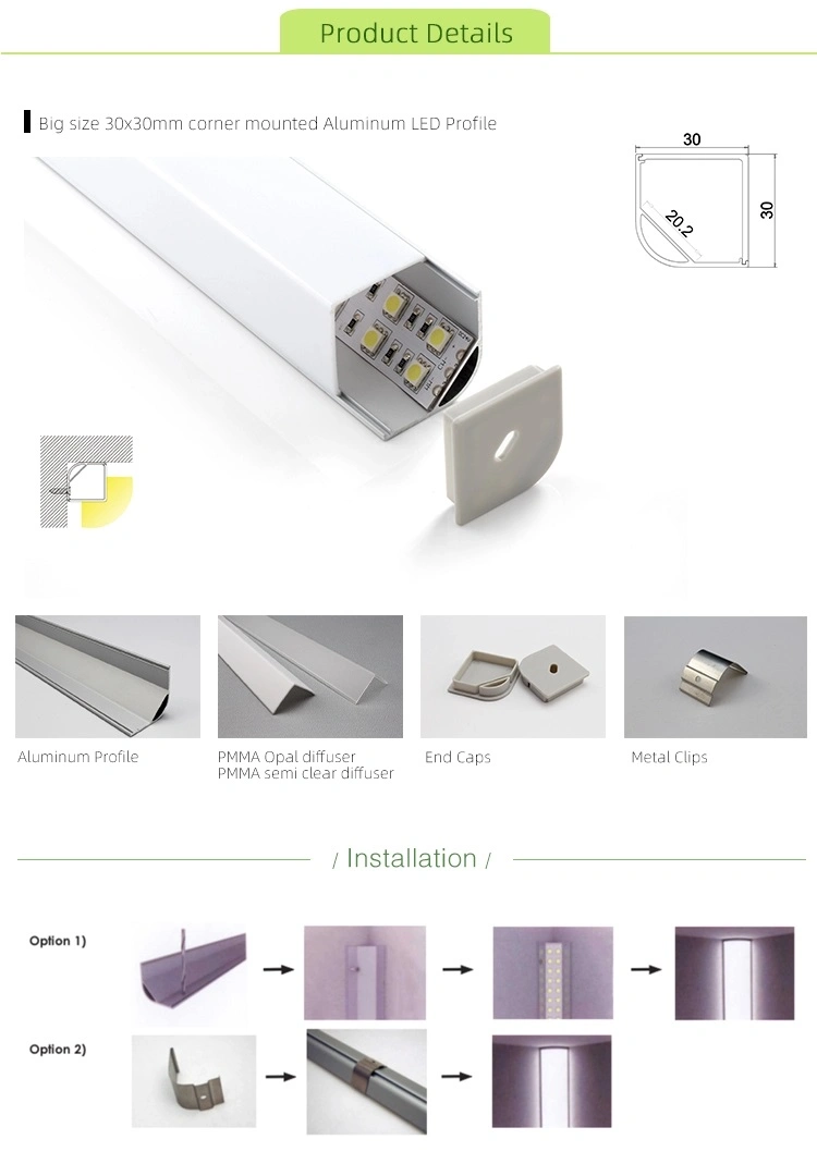 30X30mm Corner Mounting Aluminum LED Channel for LED Strip