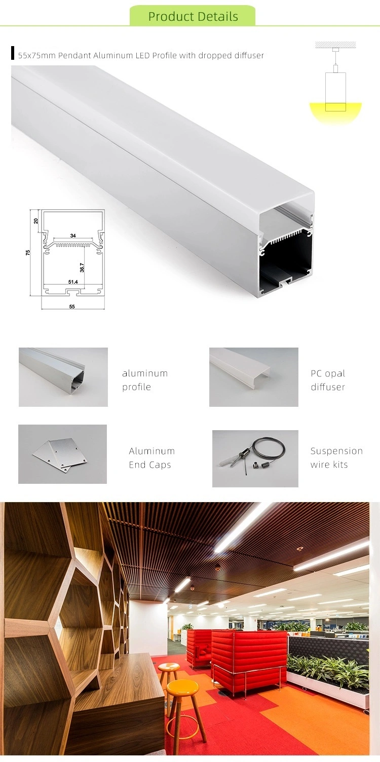 55X75mm Pendant Aluminum LED Profile with PC Frosted Lens for Office Linear Light