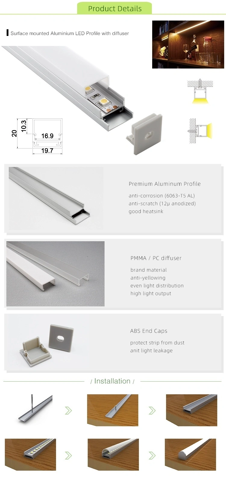 Surface Mounted Aluminum LED Profile with Diffuser