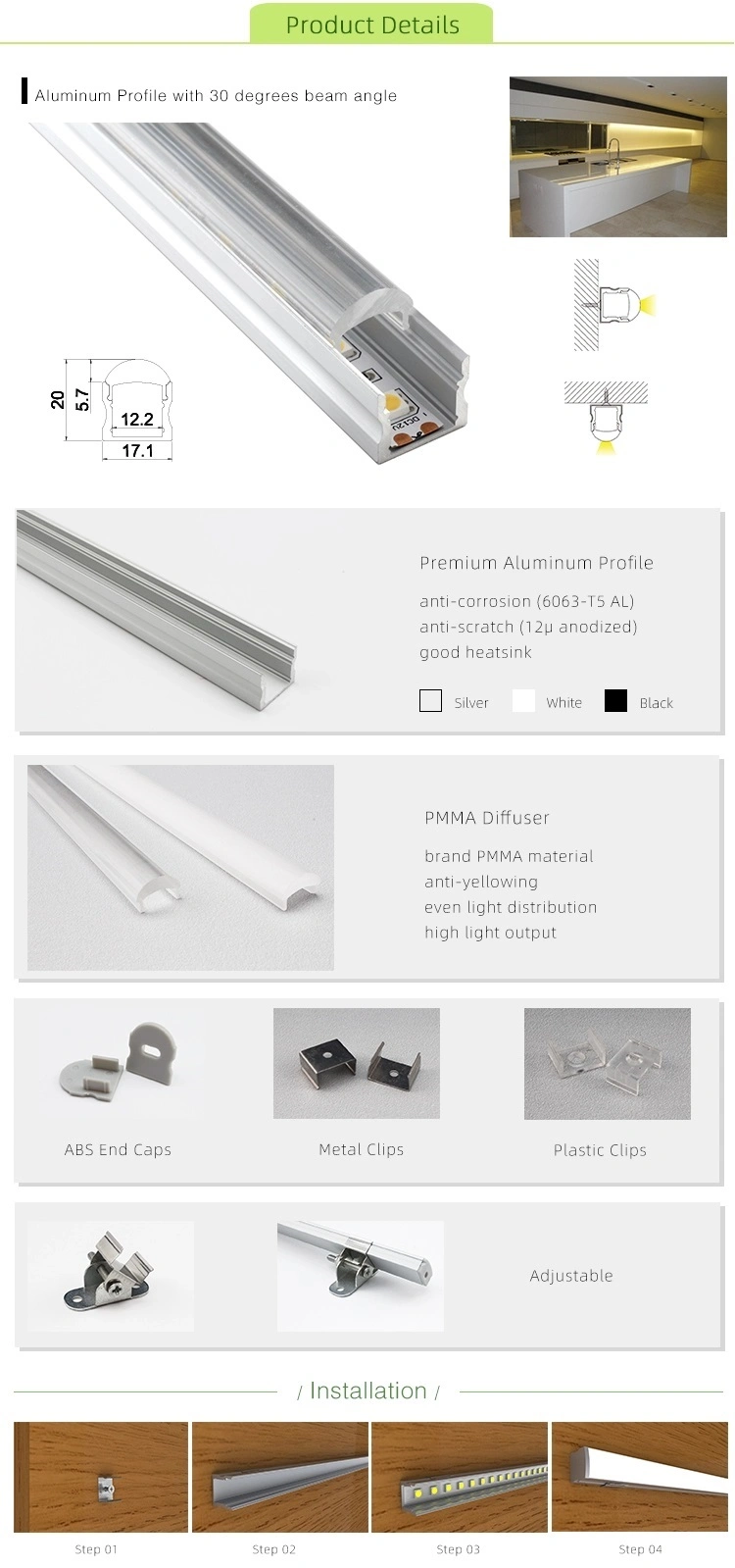 Surface Mounted Aluminum LED Profile with PMMA Lens