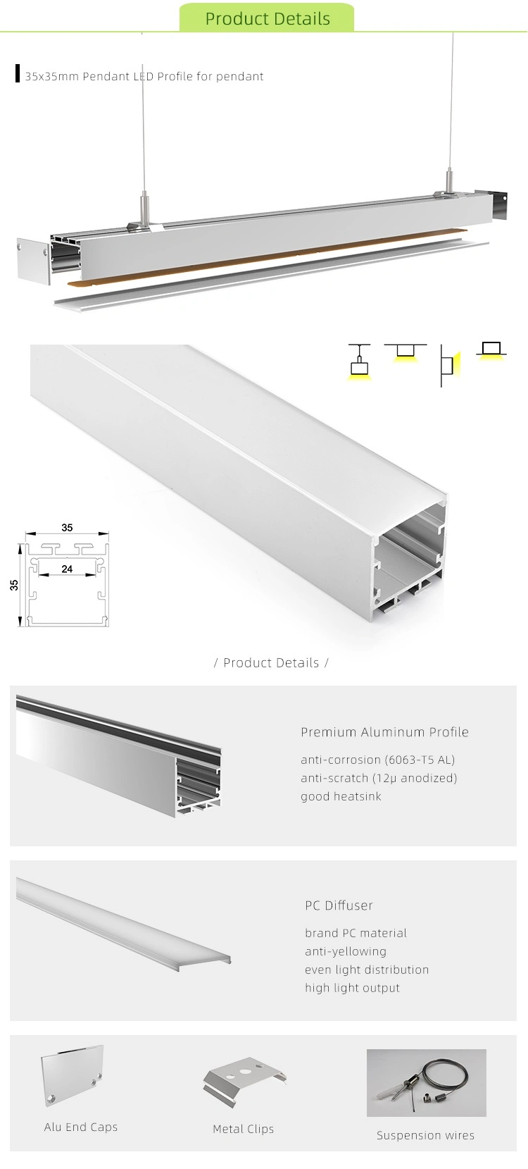 Customized Office Lighting LED Strip Profile Aluminum Alloy 6063 Suspended Mounted LED Aluminum Profile