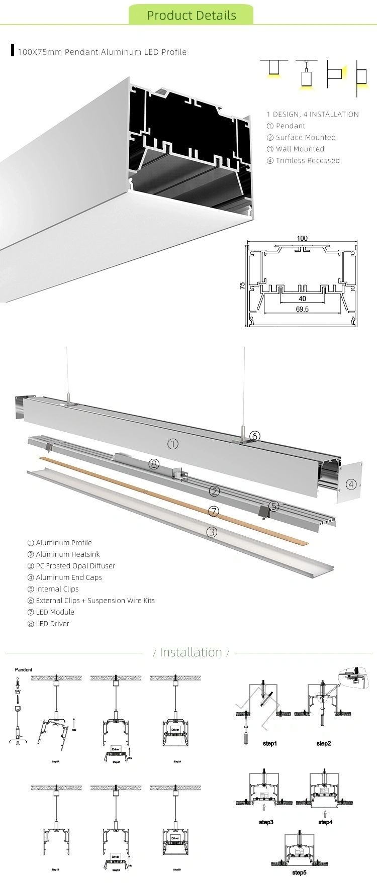 LED Dot′s Free Performance Profile Suspended Extrusion Aluminum Profile for LED Lights LED Linear Pendant Light